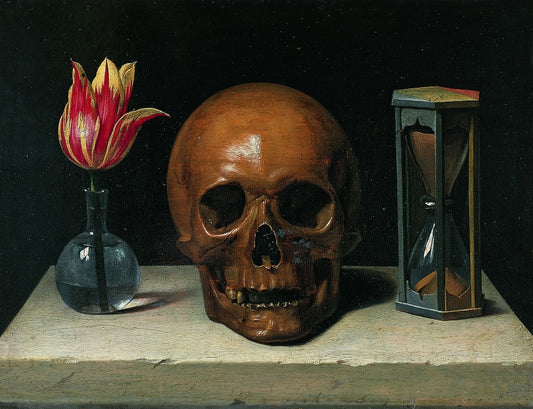 Classic vanitas still-life painting with a skull, red tulip and hourglass symbolizing the passing of time