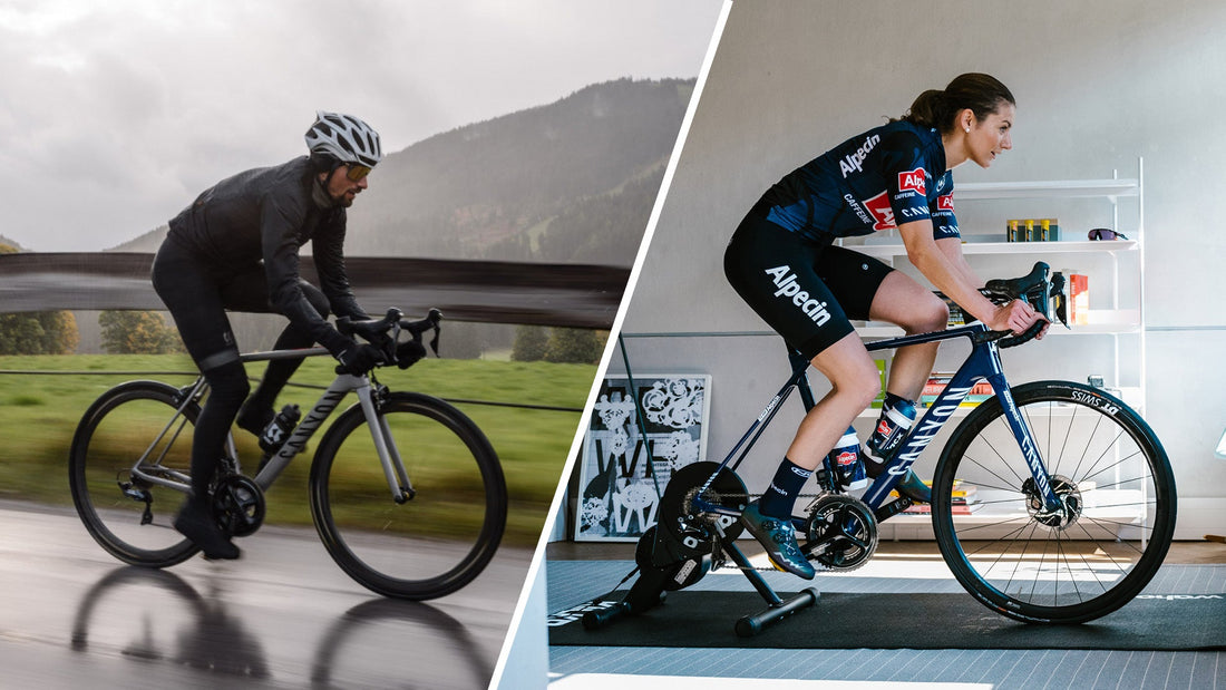 Side-by-side photograph of an outdoor road cyclist and an indoor cyclist training on a stationary smart trainer