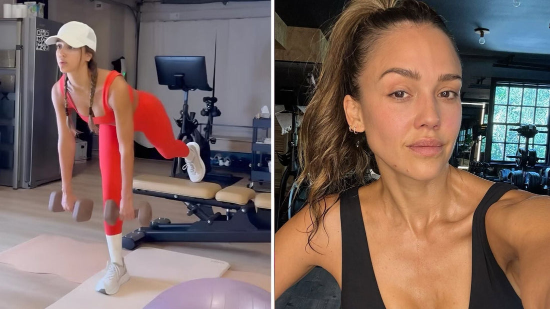 Split image of Jessica Alba training with dumbbells and taking a gym selfie