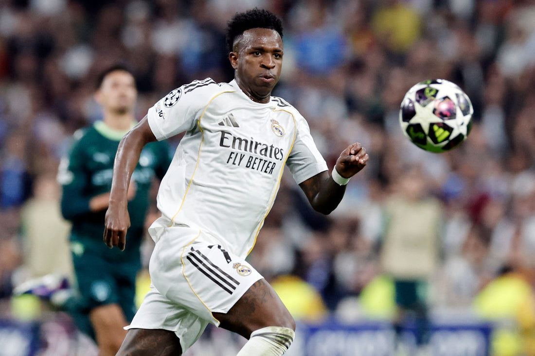 Vinicius Junior in a Real Madrid kit during 2026 Champions League action