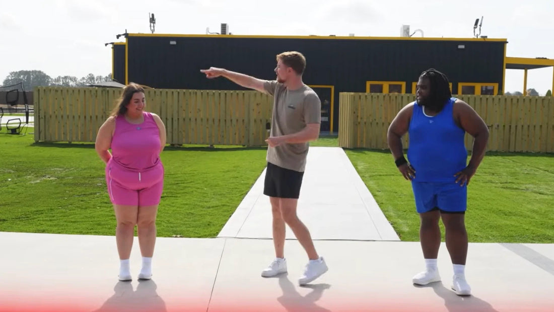 MrBeast introduces Sara and Tre beside the 150-pound challenge scale at the start of their fitness transformation