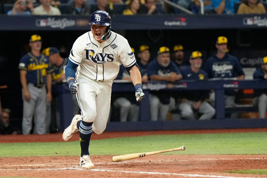 Ben Williamson celebrates the Tampa Bay Rays' 12th-inning walk-off in 2026 World Series Game 4