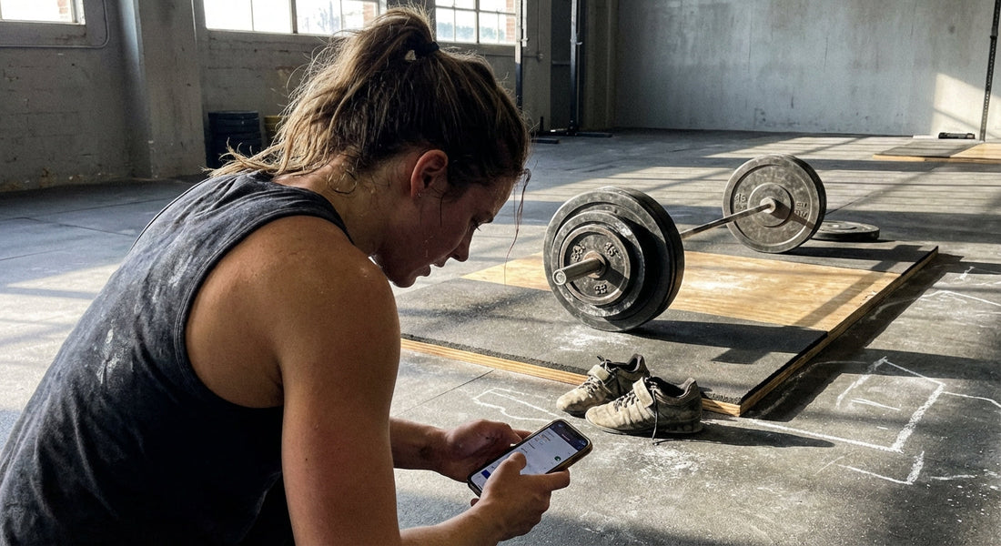 An athlete checks a workout tracking app beside a loaded barbell in a gym