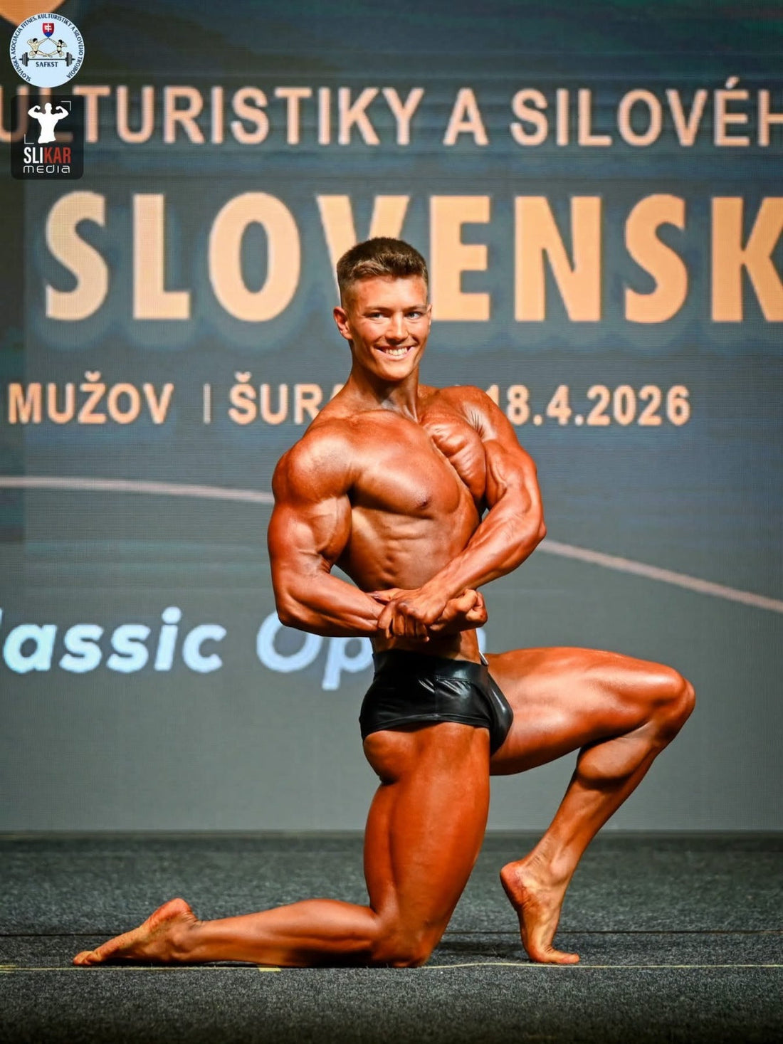 Slovak classic-bodybuilding contender Adam Suja posing at a previous competition ahead of the 2026 World Fitness Cup