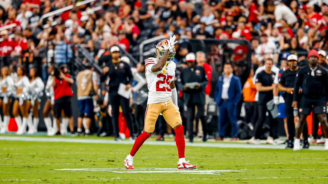 Jack Jones in a San Francisco 49ers uniform during a 2026 preseason game against Las Vegas