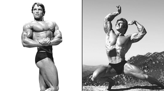 Black-and-white side-by-side image of Arnold Schwarzenegger and Frank Zane striking classic bodybuilding poses