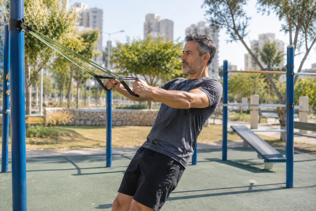An athlete using long resistance bands for a controlled strength exercise in an outdoor training area