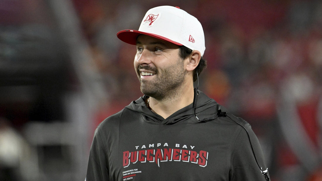 Baker Mayfield playing for the Tampa Bay Buccaneers before his 2026 contract extension