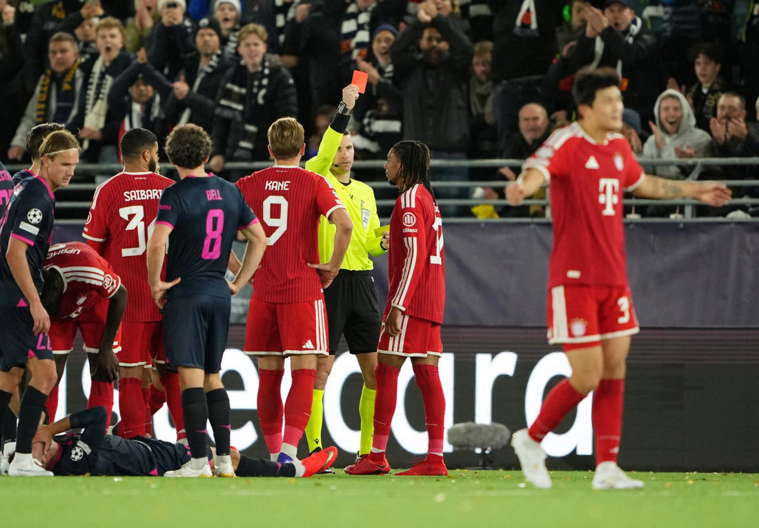 Michael Olise shown a red card during Bayern Munich's 3-3 Champions League draw at Viking FK on October 13, 2026