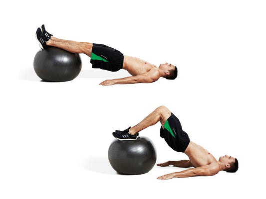 Man demonstrates the extended and curled positions of a Swiss ball hamstring curl against a white studio background