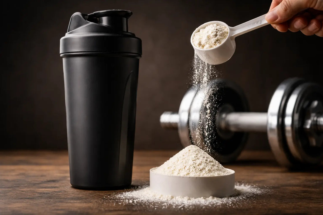 Protein powder scoop and filled shaker bottle on a gym floor beside dumbbells