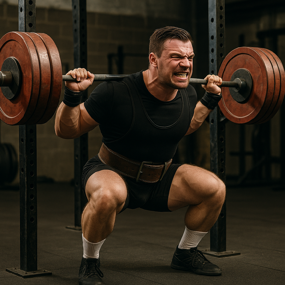 Lifter performing a heavy barbell squat during strength training