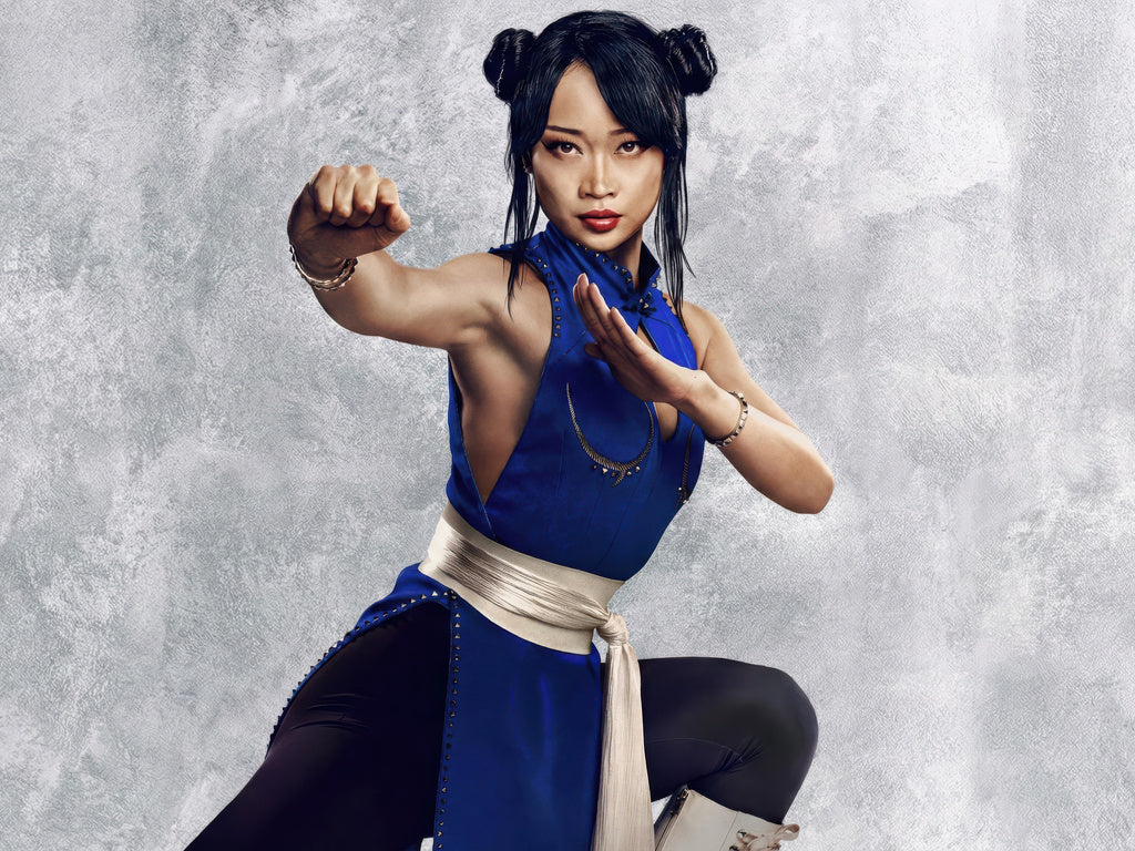 Callina Liang as Chun-Li in a blue costume and fighting stance for the 2026 Street Fighter film