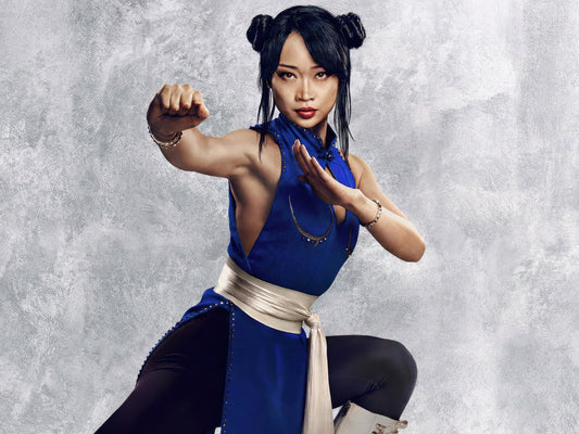 Callina Liang as Chun-Li in a blue costume and fighting stance for the 2026 Street Fighter film