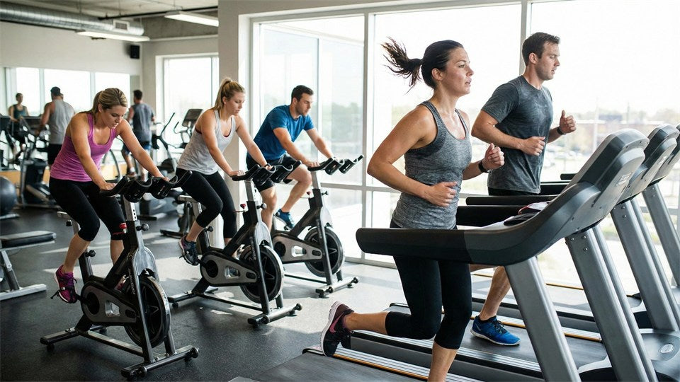 Gym-goers using treadmills and stationary bikes in a bright cardio training area