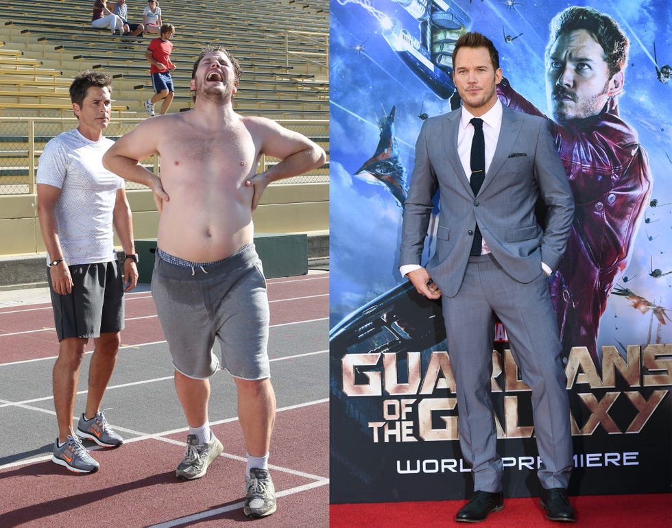 Chris Pratt before-and-after transformation comparing his heavier early-career physique with his leaner Guardians of the Galaxy leading-man appearance