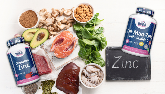 Zinc-rich foods and mineral supplement bottles illustrating ingredients marketed for testosterone support