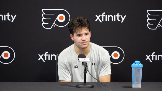 Cole Knuble speaking at Philadelphia Flyers media availability in June 2026