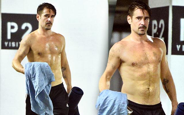 Colin Farrell shirtless after a yoga session showing his lean muscular torso