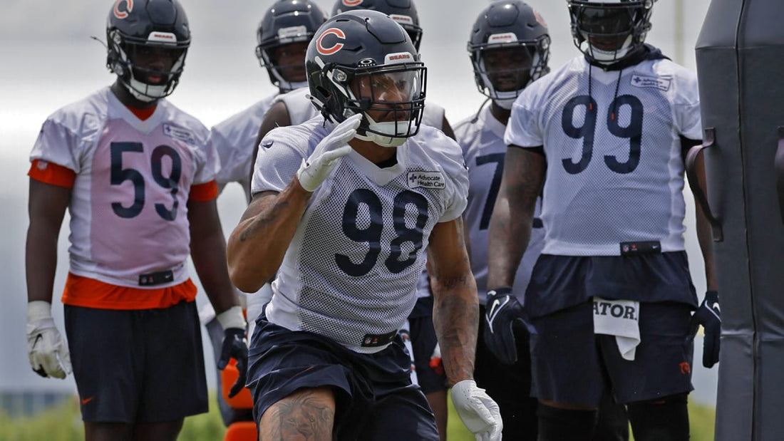 Montez Sweat running a defensive drill in current Chicago Bears training uniform