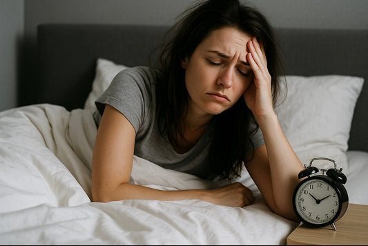Tired woman sitting on a bed beside an alarm clock after a restless night