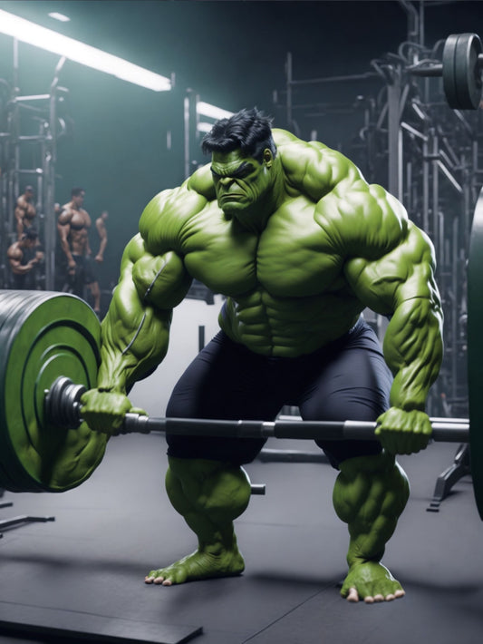 Hulk-sized muscular humanoid beside a heavily loaded barbell in a strength-science setting