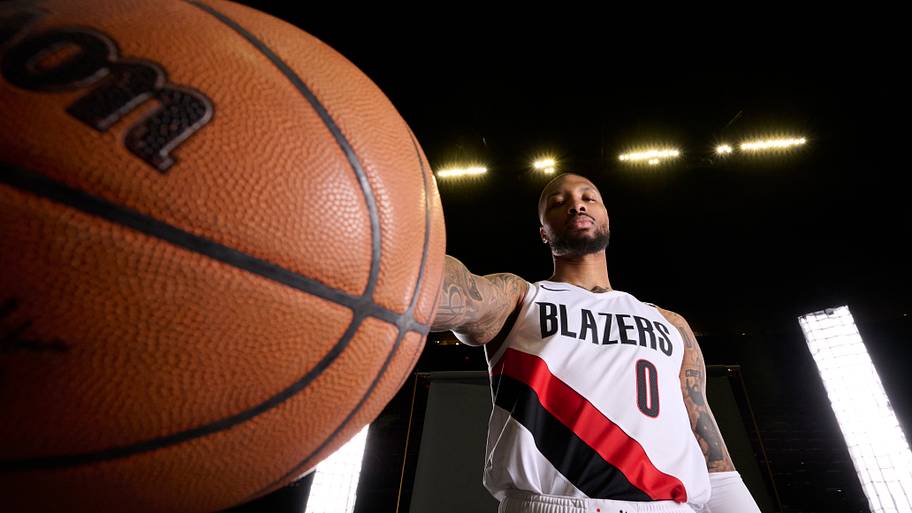Damian Lillard in Portland Trail Blazers white No. 0 jersey at September 2026 media day