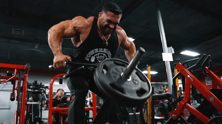Derek Lunsford training his back on a heavy row machine