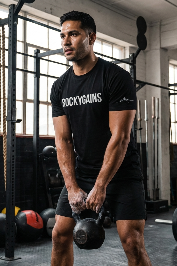Man wearing a loose training T-shirt performing a kettlebell swing in a dark gym