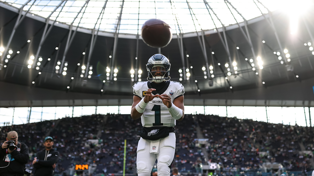 Jalen Hurts in Eagles uniform during the October 11, 2026 game in London