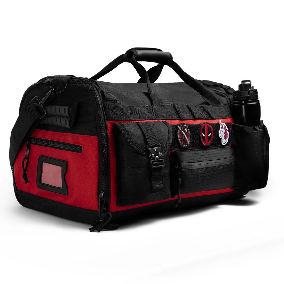 Deadpool-themed gym gifts arranged for a lifter in a red-and-black training setup