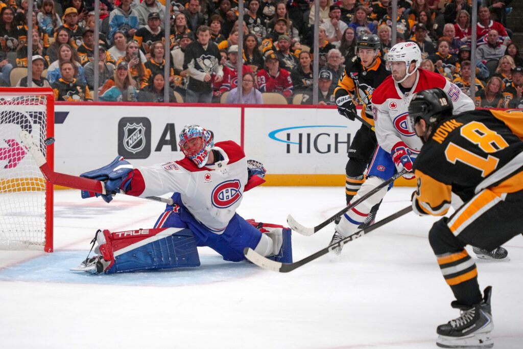 Tommy Novak attacks the Montreal net for Pittsburgh on Oct. 3, 2026