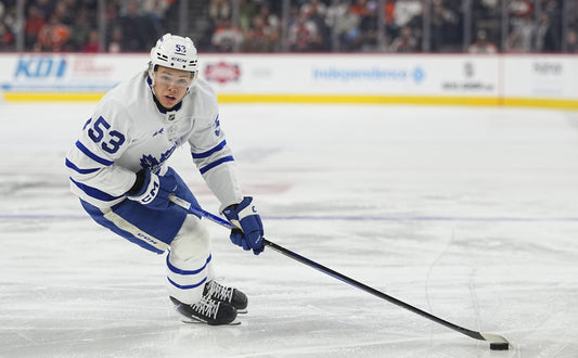 Easton Cowan in a Toronto Maple Leafs uniform during 2026 hockey action