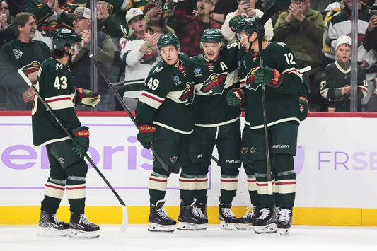 Kirill Kaprizov celebrates with Minnesota Wild teammates after his goal against Columbus on October 18, 2026