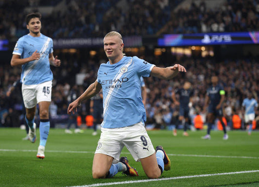 Erling Haaland celebrating for Manchester City in the Champions League