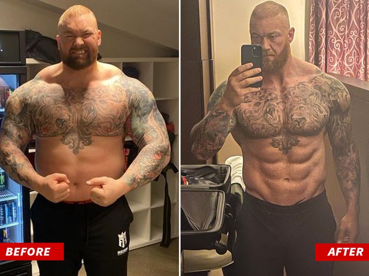 Before-and-after photos showing Hafþór Björnsson at a heavier strongman weight and a leaner boxing-era physique