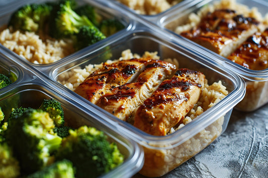 Chicken, rice and broccoli divided among several fitness meal-prep containers