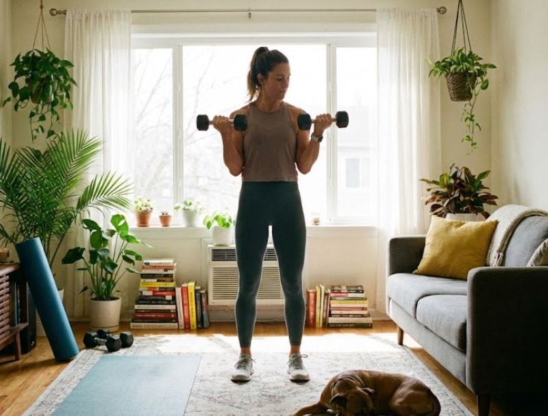 Woman performing dumbbell curls in a bright living room with a yoga mat and home workout equipment