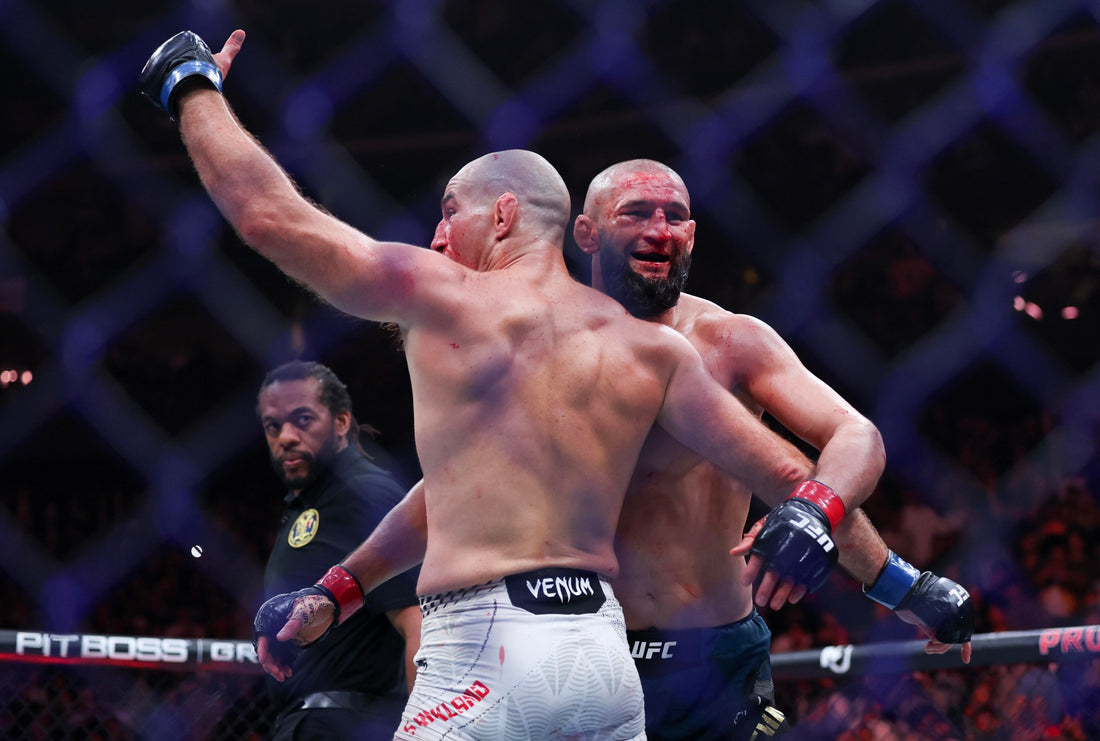 Sean Strickland and Khamzat Chimaev after their UFC 328 middleweight title fight