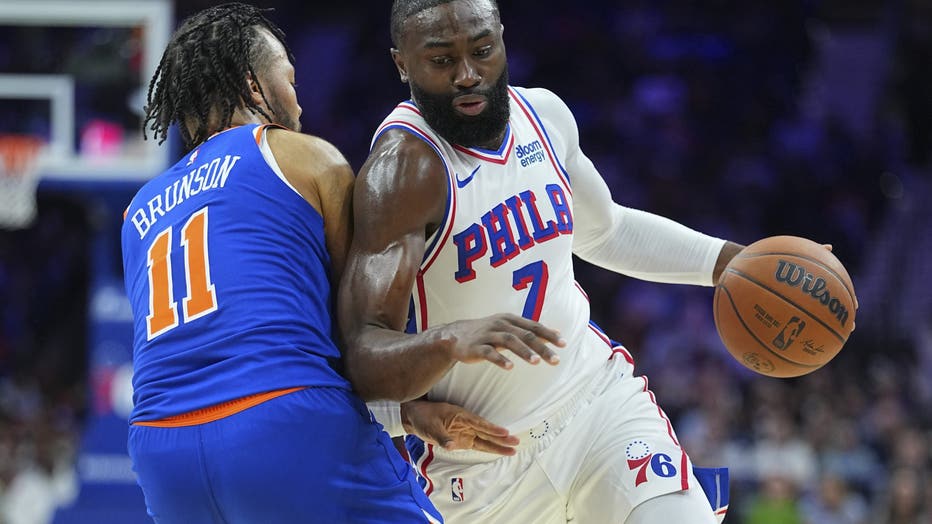 Jaylen Brown dribbling for Philadelphia against Jalen Brunson and the Knicks in the 2026 preseason opener