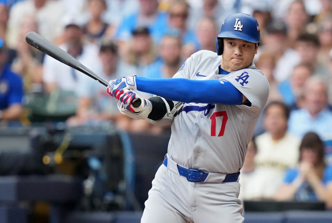 Shohei Ohtani batting for Los Angeles in a 2026 Dodgers road uniform