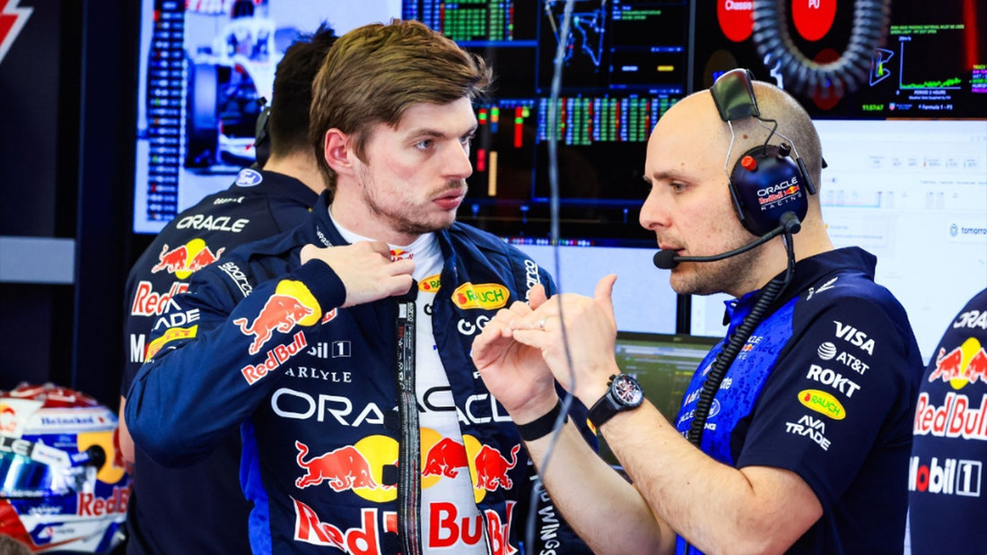 Max Verstappen and Gianpiero Lambiase discussing setup in Red Bull's 2026 garage