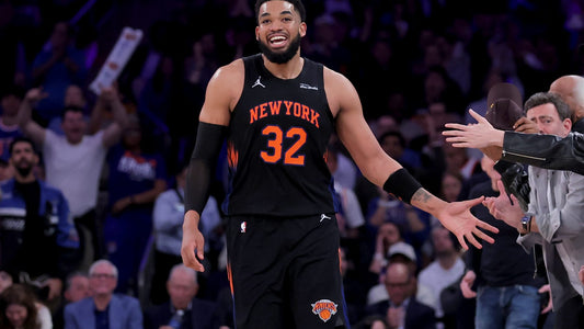 Karl-Anthony Towns in the Knicks' black 2026 playoff uniform