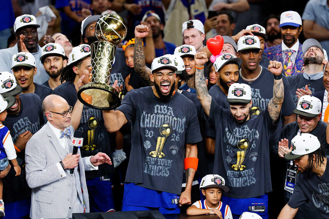New York Knicks championship core celebrating the 2026 NBA title