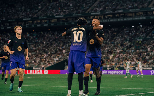 Lamine Yamal and Gabriel Jesus celebrate together in Barcelona's 5-2 win at Real Betis