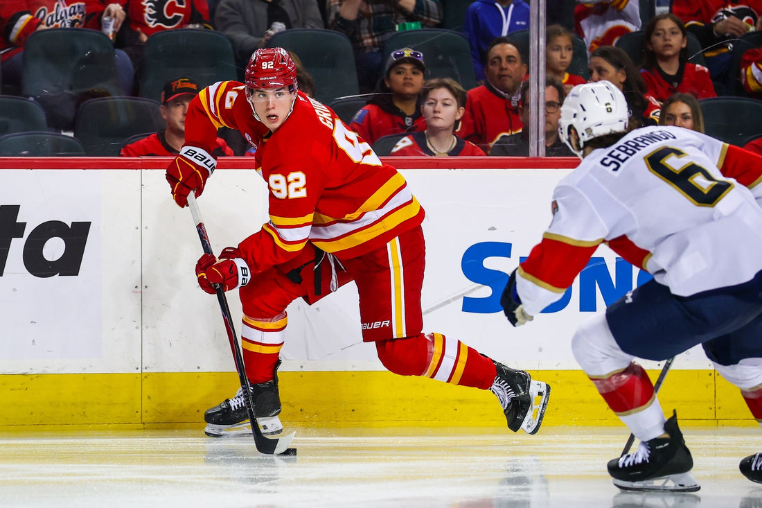 Matvei Gridin in Calgary Flames red number 92 uniform during 2026 NHL action
