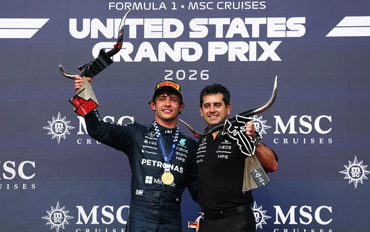 Kimi Antonelli celebrating the 2026 United States Grand Prix victory with Mercedes personnel