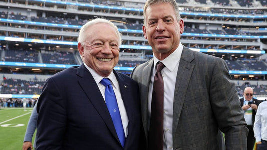 Jerry Jones and Troy Aikman together at a Cowboys game in a 2023 archive photograph