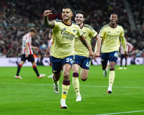 Bruno Guimaraes celebrates Arsenal's opening goal against Sunderland in September 2026