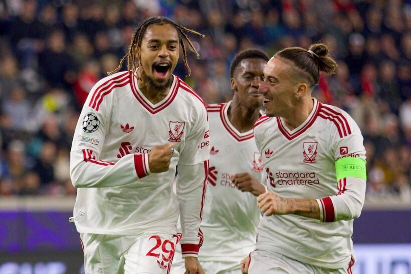 Bradley Barcola and Liverpool teammates celebrate in white kits at LASK in October 2026